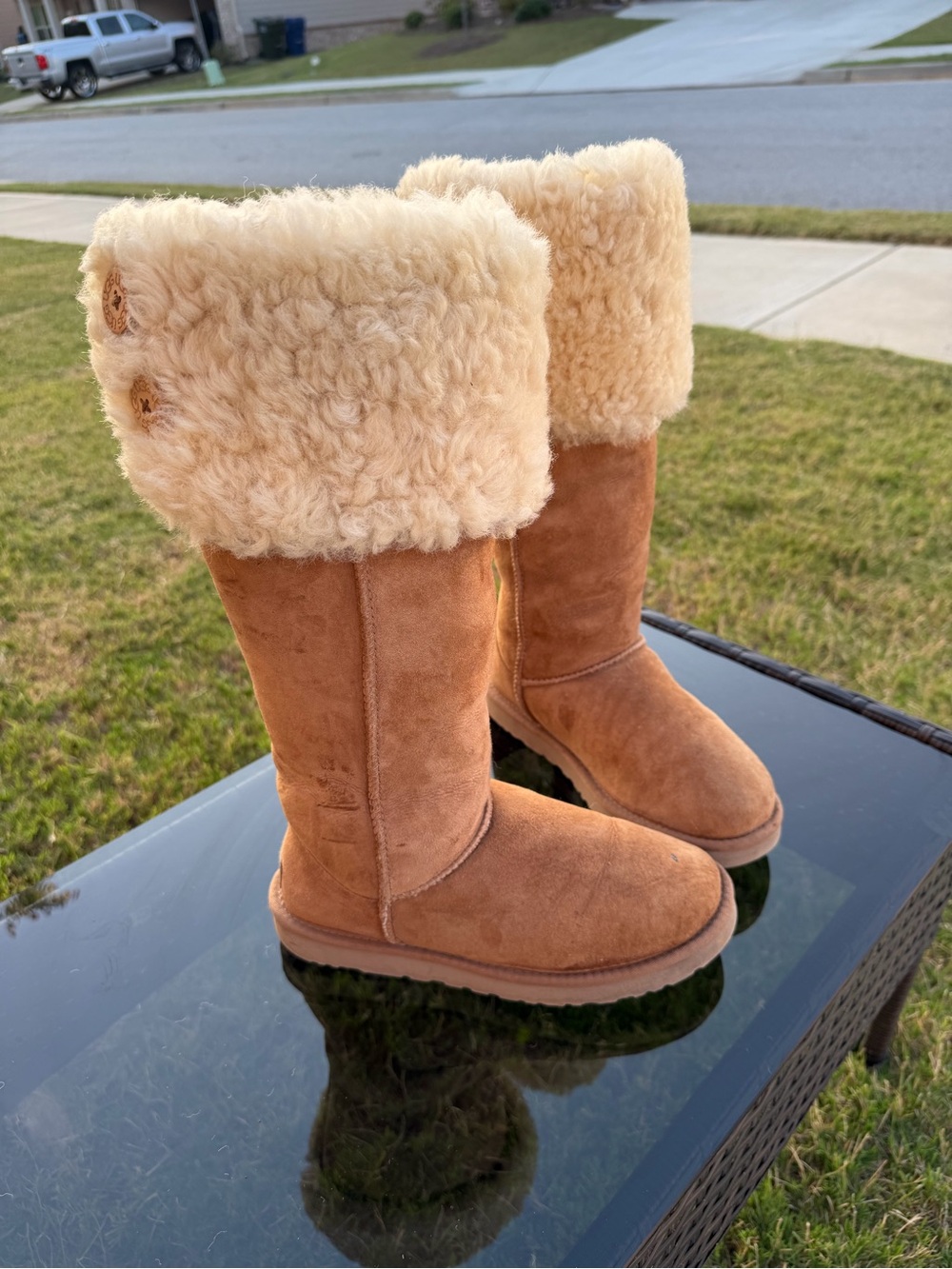 UGG Bailey Button Over The Knee Chestnut Shearling Boots Size 7